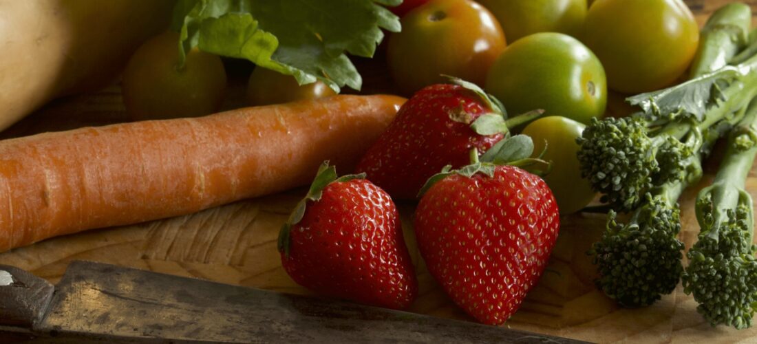Brightly Coloured Carrots, Strawberry broccoli and tomatoes that are nutrient packed.